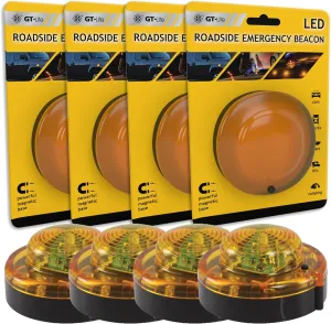 4 Pack LED Emergency Beacon Yellow,Roadside Flare,Magnetic Base,2 Modes Flash and Steady,for Car Emergency Kit or Amish Buggy,RV,Boat,Crush Resistant,Water Resistant