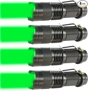 4 Pack One Mode Green Light Flashlight with Clip Zoomable Green LED Flashlight Green Flashlight for Hunting Fishing Night Observation