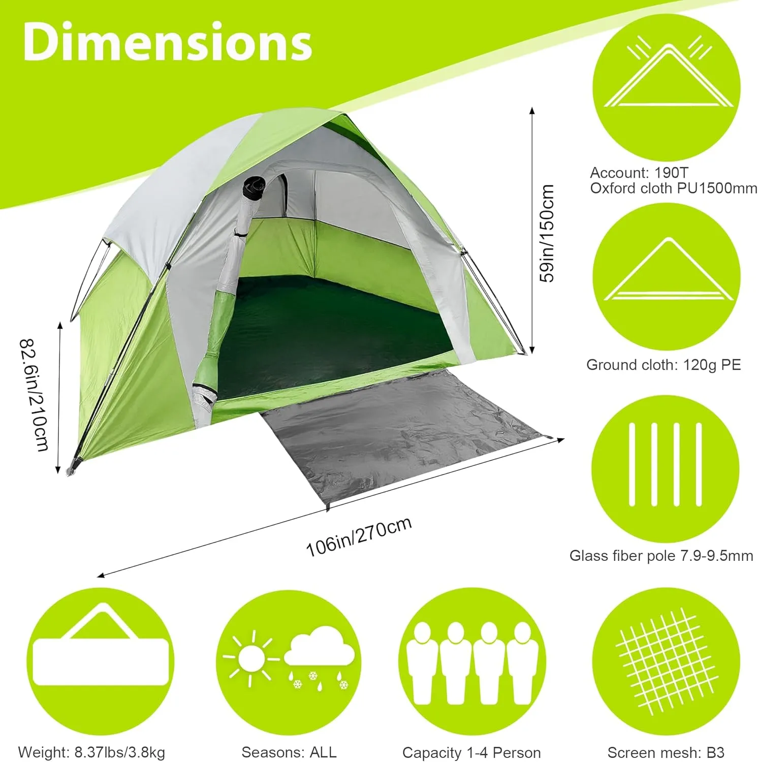 4-Person Camping Dome Tent Waterproof Lightweight Easy Setup Green/Blue for Fishing, Outdoor Camping, and Picnic Gatherings