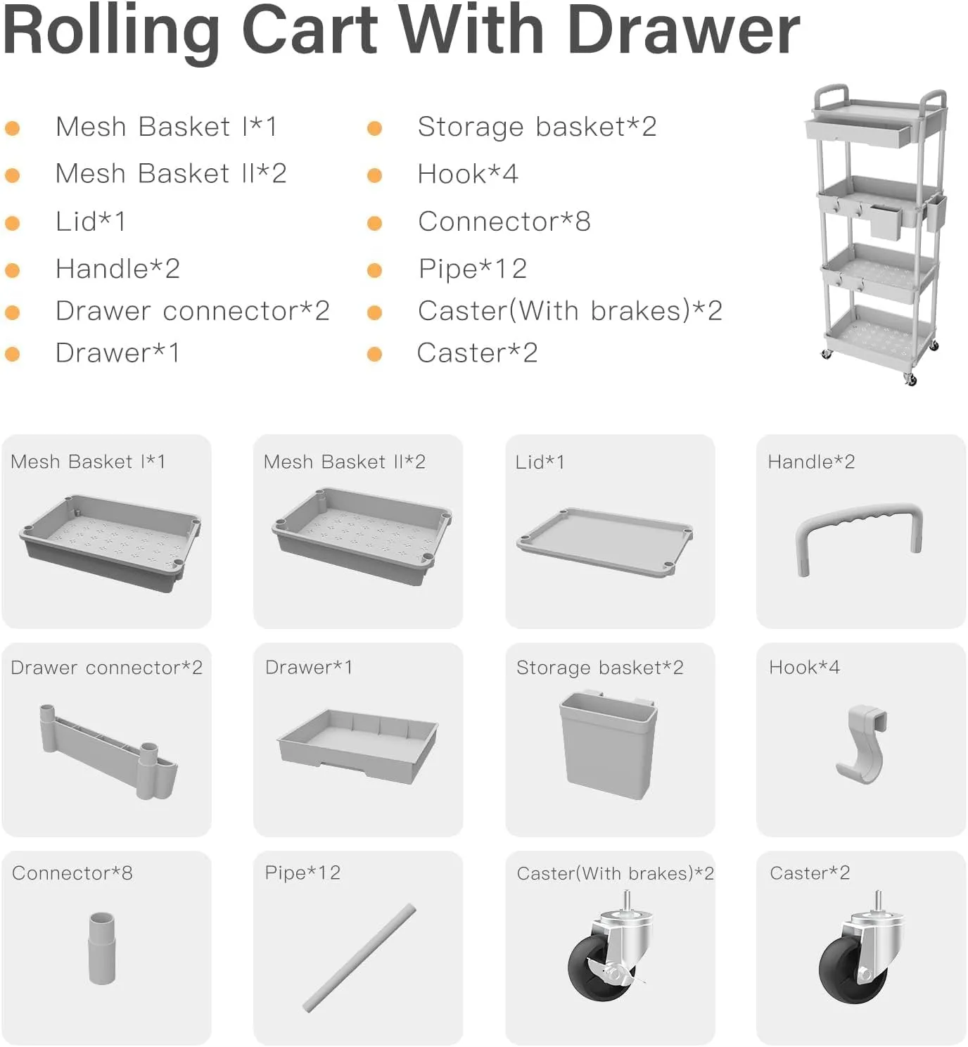 4 Tier Rolling Cart Organizer,Art Craft Diaper Bedside Snack Laundry Room Bathroom Organizer Narrow Thin Slim Rolling Trolley Utility Cart with Wheels for Kitchen,Office(Grey)