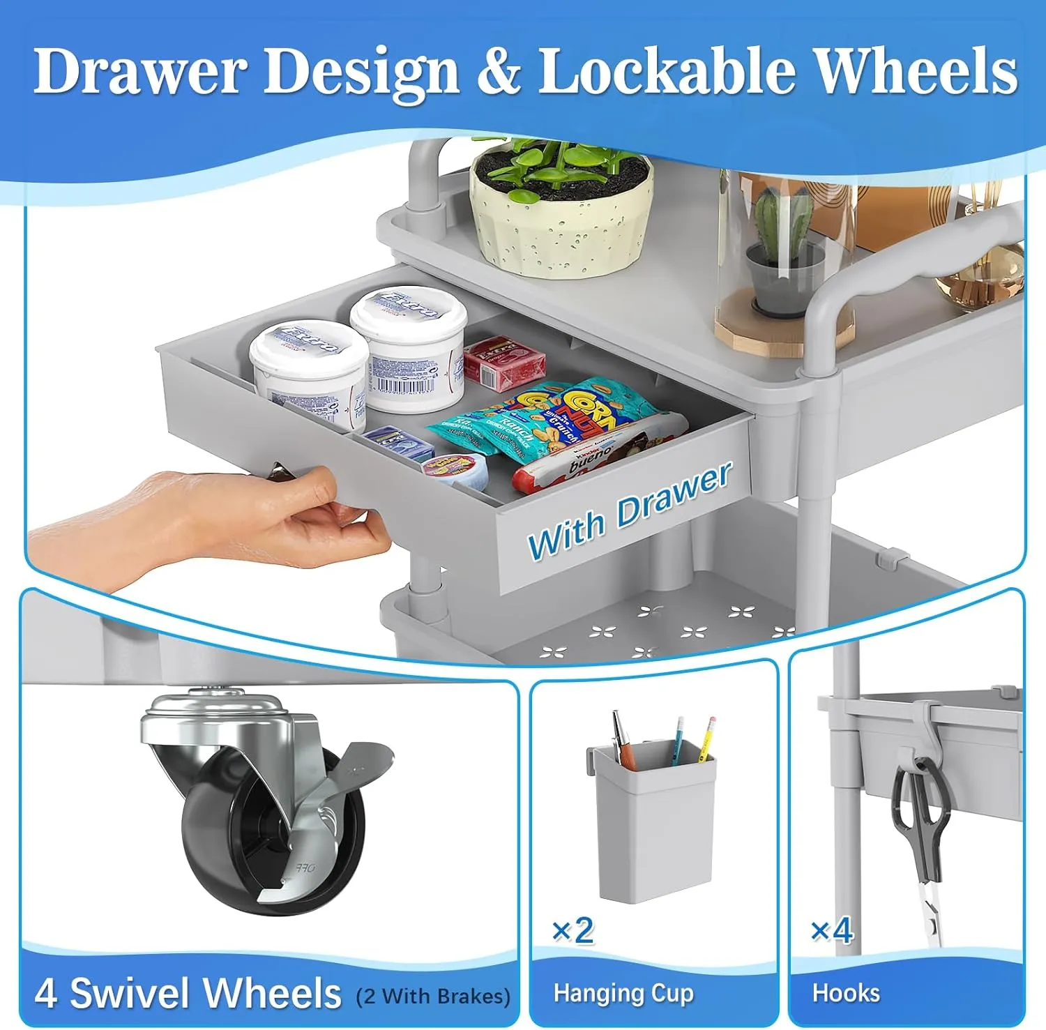 4 Tier Rolling Utility Cart with Drawer, Utility Storage Organizer with Plastic Shelf & Lockable Wheels Multifunctional Storage Cart for Kitchen, Bathroom, Office, Living Room, Gray