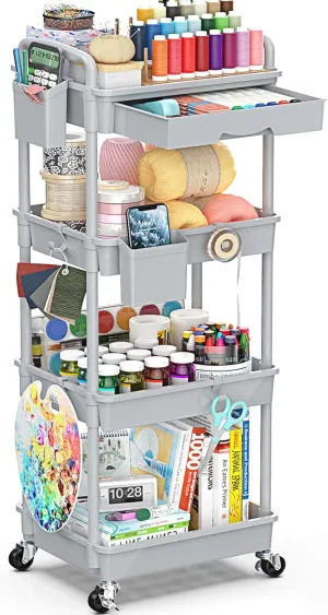4 Tier Rolling Utility Cart with Drawer, Utility Storage Organizer with Plastic Shelf & Lockable Wheels Multifunctional Storage Cart for Kitchen, Bathroom, Office, Living Room, Gray