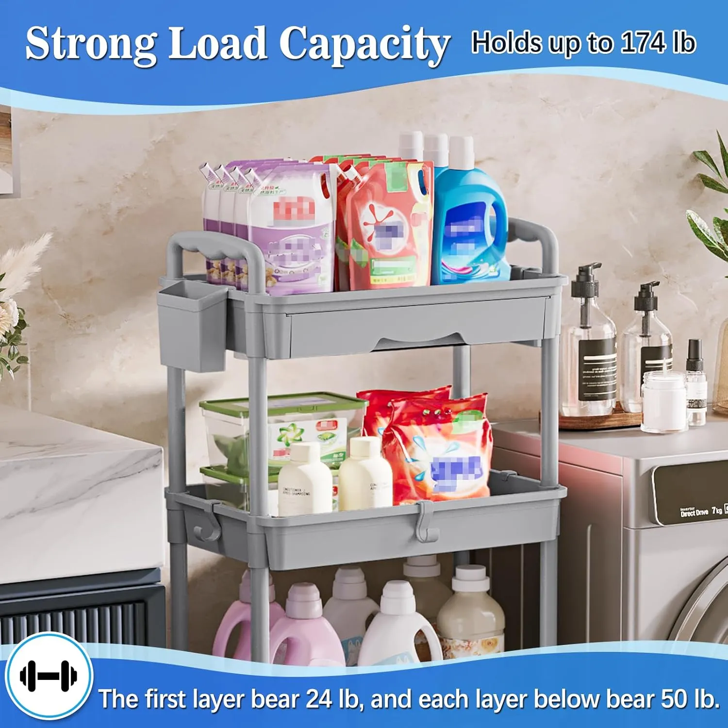 4 Tier Rolling Utility Cart with Drawer, Utility Storage Organizer with Plastic Shelf & Lockable Wheels Multifunctional Storage Cart for Kitchen, Bathroom, Office, Living Room, Gray
