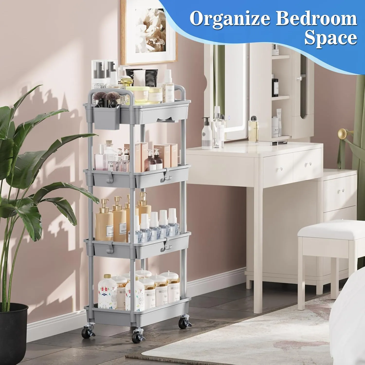 4 Tier Rolling Utility Cart with Drawer, Utility Storage Organizer with Plastic Shelf & Lockable Wheels Multifunctional Storage Cart for Kitchen, Bathroom, Office, Living Room, Gray