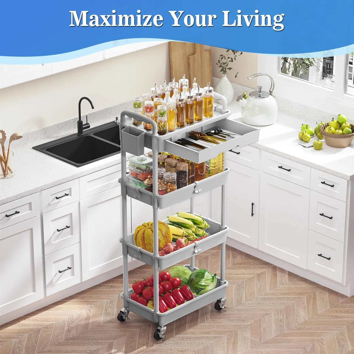 4 Tier Rolling Utility Cart with Drawer, Utility Storage Organizer with Plastic Shelf & Lockable Wheels Multifunctional Storage Cart for Kitchen, Bathroom, Office, Living Room, Gray