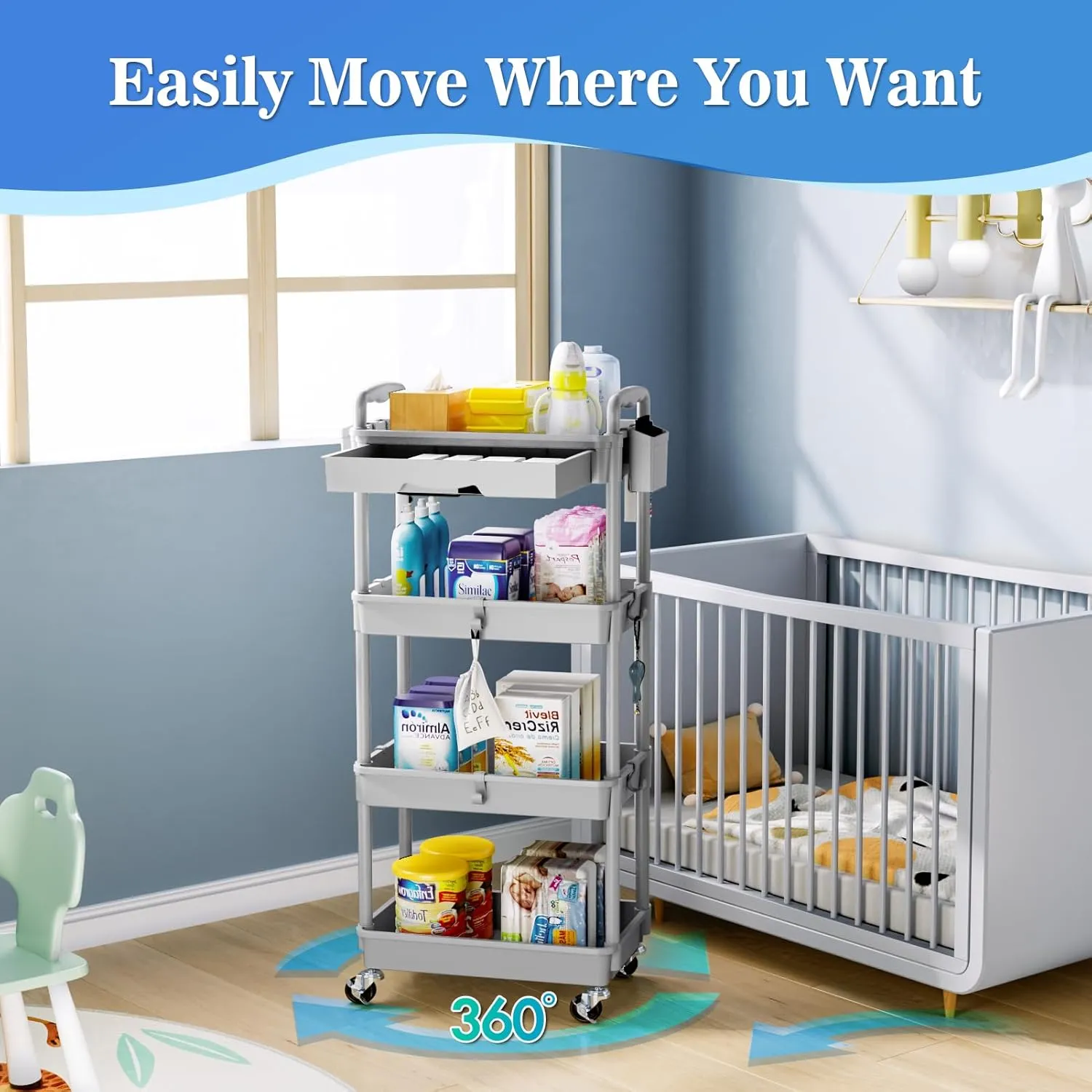 4 Tier Rolling Utility Cart with Drawer, Utility Storage Organizer with Plastic Shelf & Lockable Wheels Multifunctional Storage Cart for Kitchen, Bathroom, Office, Living Room, Gray