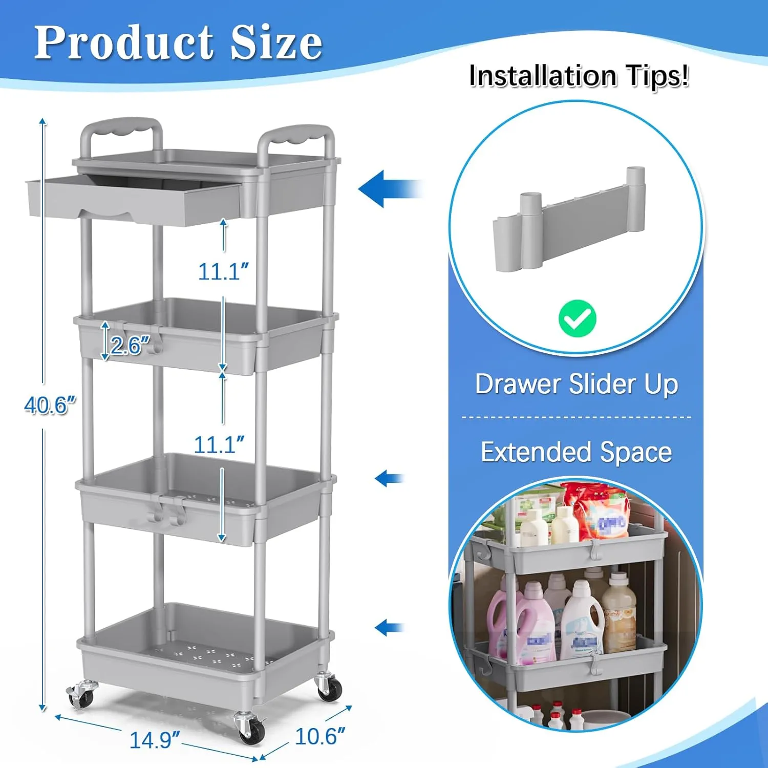 4 Tier Rolling Utility Cart with Drawer, Utility Storage Organizer with Plastic Shelf & Lockable Wheels Multifunctional Storage Cart for Kitchen, Bathroom, Office, Living Room, Gray