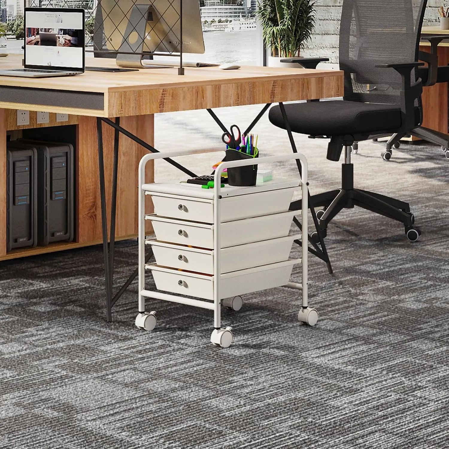 4-Tier Utility Cart with 4 Drawers, Rolling Utility Cart with 2 Lockable Caster Wheels, Multipurpose Mobile Rolling Drawer Cart for Office Bathroom Kitchen, Ivory White