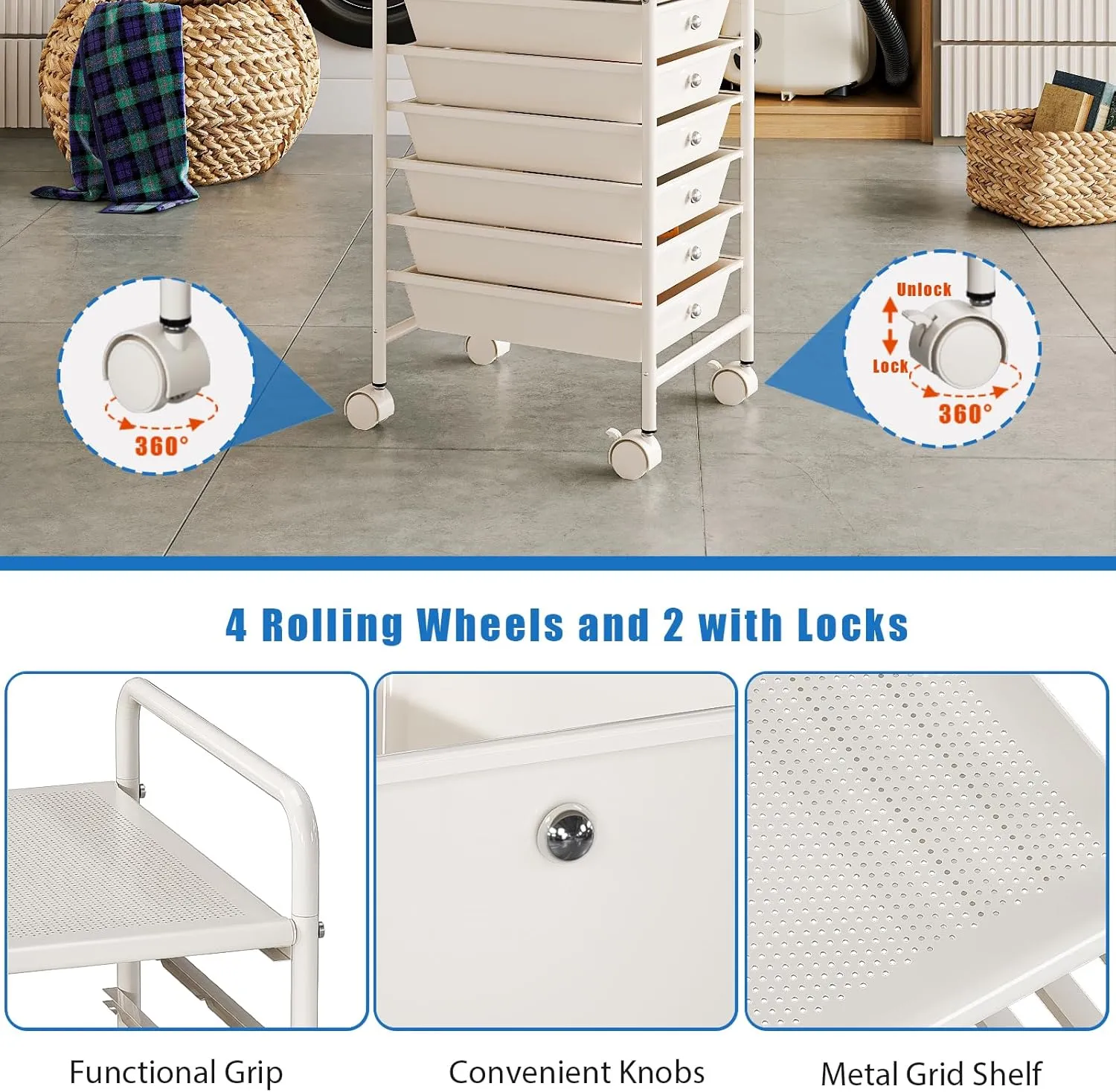 4-Tier Utility Cart with 4 Drawers, Rolling Utility Cart with 2 Lockable Caster Wheels, Multipurpose Mobile Rolling Drawer Cart for Office Bathroom Kitchen, Ivory White