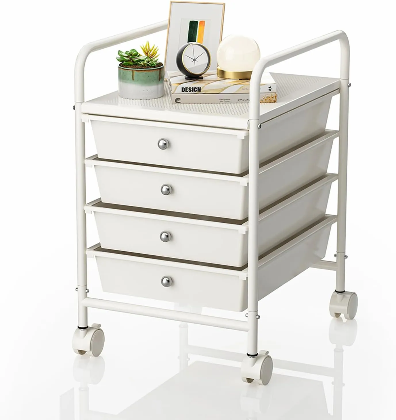 4-Tier Utility Cart with 4 Drawers, Rolling Utility Cart with 2 Lockable Caster Wheels, Multipurpose Mobile Rolling Drawer Cart for Office Bathroom Kitchen, Ivory White
