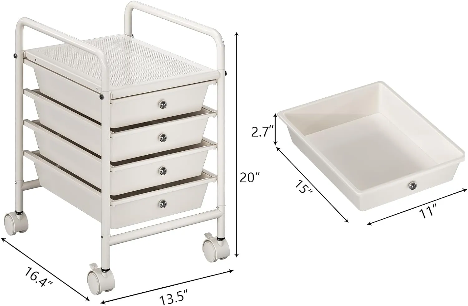4-Tier Utility Cart with 4 Drawers, Rolling Utility Cart with 2 Lockable Caster Wheels, Multipurpose Mobile Rolling Drawer Cart for Office Bathroom Kitchen, Ivory White