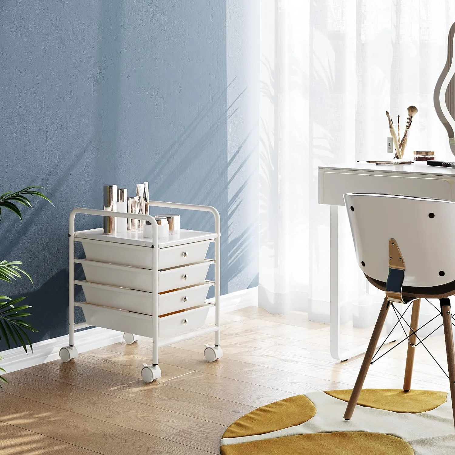 4-Tier Utility Cart with 4 Drawers, Rolling Utility Cart with 2 Lockable Caster Wheels, Multipurpose Mobile Rolling Drawer Cart for Office Bathroom Kitchen, Ivory White