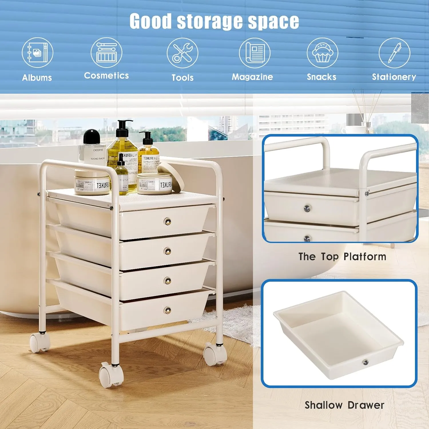 4-Tier Utility Cart with 4 Drawers, Rolling Utility Cart with 2 Lockable Caster Wheels, Multipurpose Mobile Rolling Drawer Cart for Office Bathroom Kitchen, Ivory White