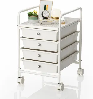 4-Tier Utility Cart with 4 Drawers, Rolling Utility Cart with 2 Lockable Caster Wheels, Multipurpose Mobile Rolling Drawer Cart for Office Bathroom Kitchen, Ivory White