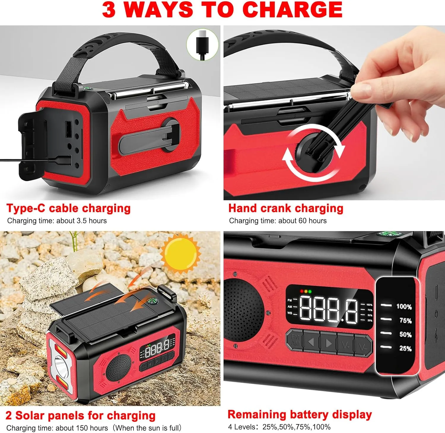 44400mWh/12000mAh Emergency Radio, Hand Crank, Portable Solar Radio AM/FM/NOAA Weather Radio with 2 Solar Panels,3 Charging Methods,SOS Alarm,Flashlight,Phone Charger,Compass,Reading Lamp