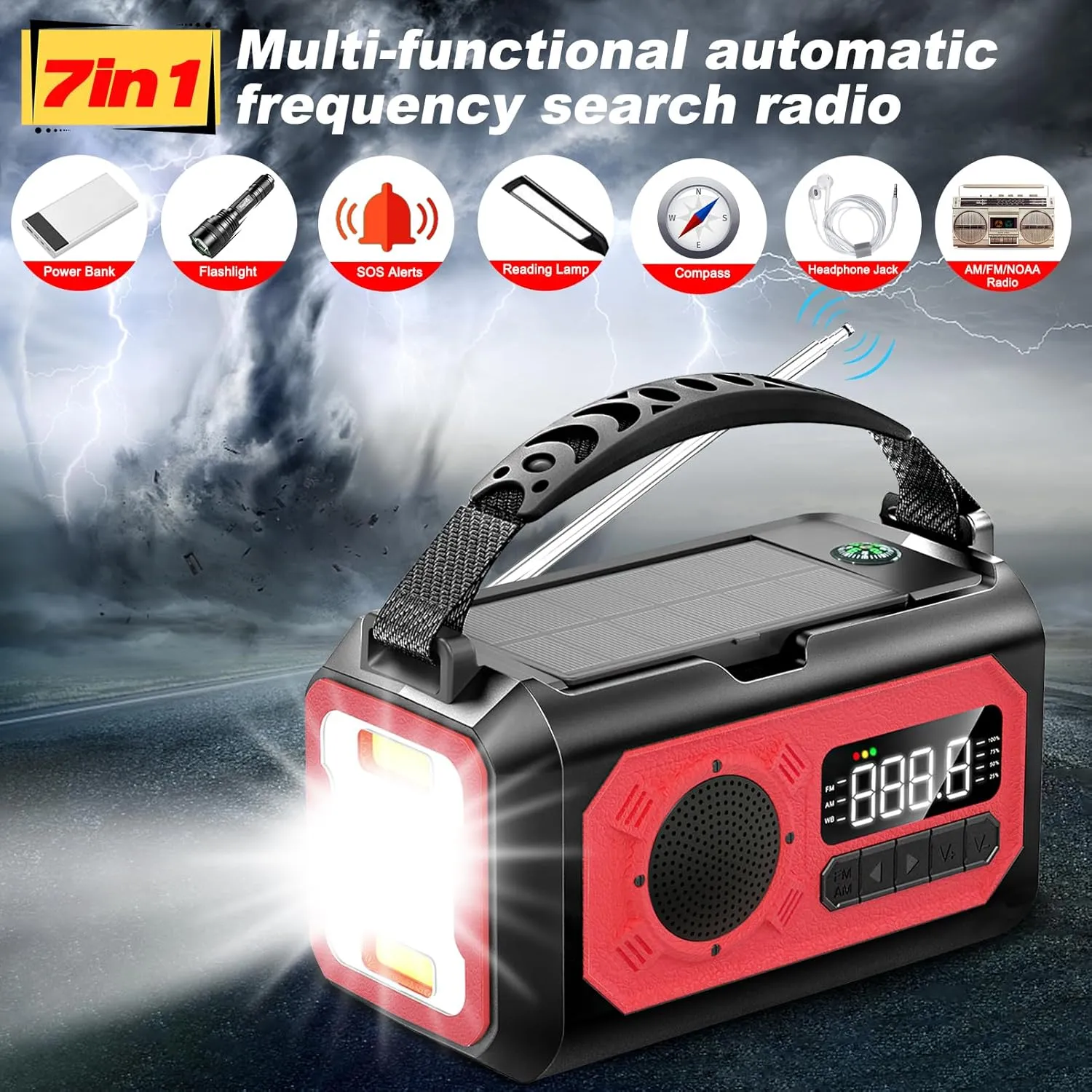 44400mWh/12000mAh Emergency Radio, Hand Crank, Portable Solar Radio AM/FM/NOAA Weather Radio with 2 Solar Panels,3 Charging Methods,SOS Alarm,Flashlight,Phone Charger,Compass,Reading Lamp