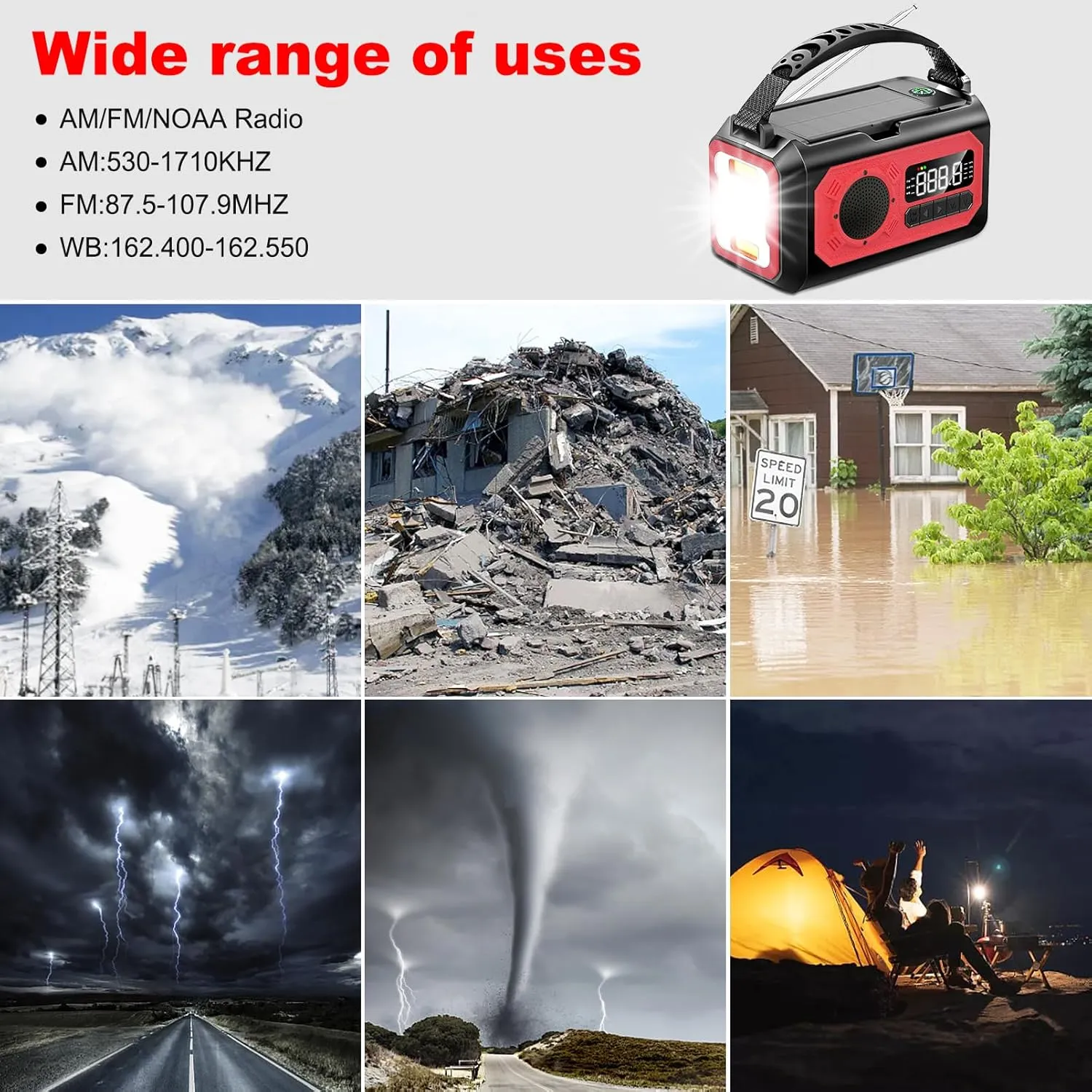 44400mWh/12000mAh Emergency Radio, Hand Crank, Portable Solar Radio AM/FM/NOAA Weather Radio with 2 Solar Panels,3 Charging Methods,SOS Alarm,Flashlight,Phone Charger,Compass,Reading Lamp
