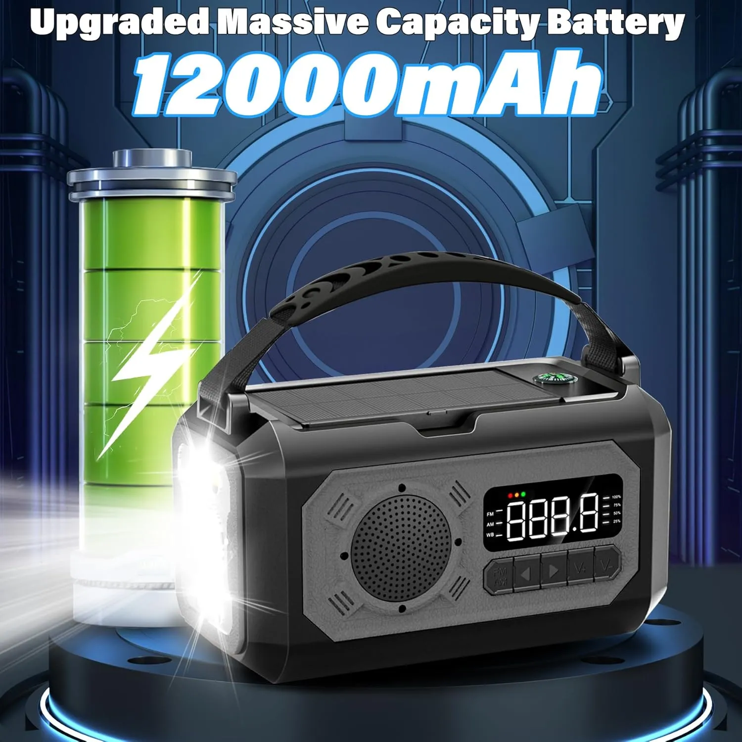 44400mWh/12000mAh Emergency Weather Radio, Hand Crank Radio Solar Radio Portable AM/FM/NOAA Radio with 2 Solar Panels 3 Charging Methods SOS Alarm 3 Mode Flashlight Phone Charger Compass Reading Lamp