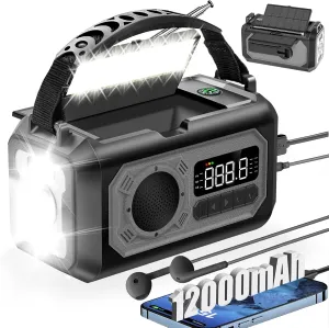 44400mWh/12000mAh Emergency Weather Radio, Hand Crank Radio Solar Radio Portable AM/FM/NOAA Radio with 2 Solar Panels 3 Charging Methods SOS Alarm 3 Mode Flashlight Phone Charger Compass Reading Lamp