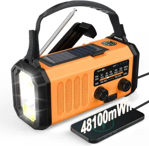 48100mWh NOAA Emergency Weather Radio,Solar Hand Crank Radio,4-Way Powered Portable AM/FM/NOAA Radio with Phone Charger,Flashlight,Readinglamp,Compass,SOS for Hurricane Storm Survival Outdoor Camping
