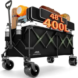 48”L Foldable Wagons Carts Extended, Collapsible Folding Wagon 500lbs Heavy Duty, 400L Large Beach Wagon, Utility Wagon with All Terrain Big Wheels for Sports, Camping, Grocery, Garden, Black