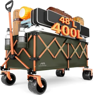 48”L Foldable Wagons Carts Extended, Collapsible Folding Wagon 500lbs Heavy Duty, 400L Large Beach Wagon, Utility Wagon with All Terrain Big Wheels for Sports, Camping, Grocery, Garden, Green