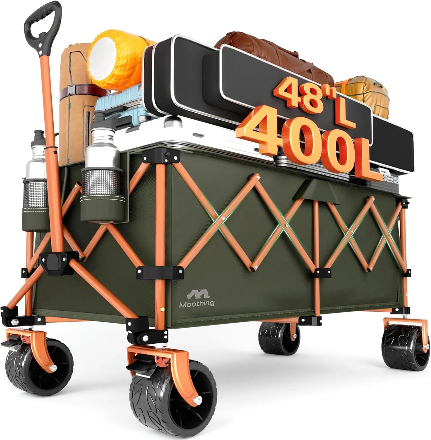 48”L Foldable Wagons Carts Extended, Collapsible Folding Wagon 500lbs Heavy Duty, 400L Large Beach Wagon, Utility Wagon with All Terrain Big Wheels for Sports, Camping, Grocery, Garden, Green