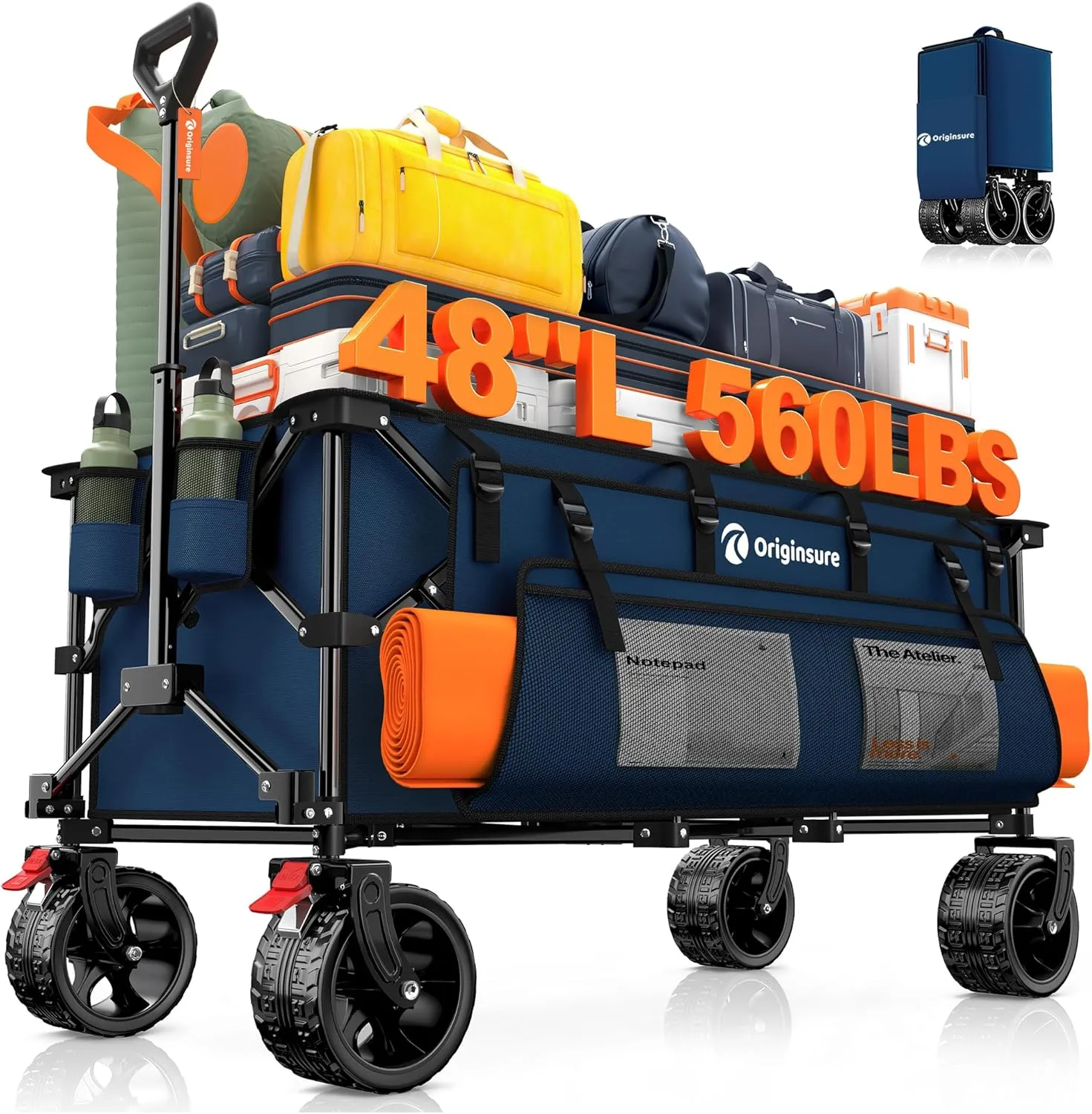 48" L Collapsible Wagon Cart Foldable, 560LB Weight Capacity 300L Heavy Duty Folding Beach Wagons with Big All-Terrain Wheels, Utility Carts for Groceries, Shopping, Camping, Sports - Blue
