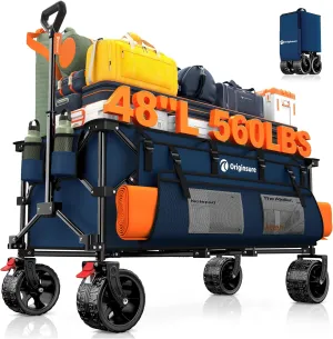48" L Collapsible Wagon Cart Foldable, 560LB Weight Capacity 300L Heavy Duty Folding Beach Wagons with Big All-Terrain Wheels, Utility Carts for Groceries, Shopping, Camping, Sports - Blue