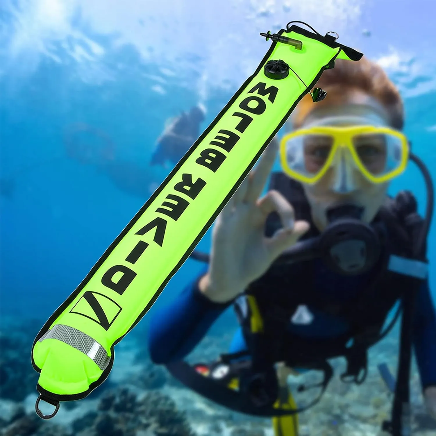 4FT High Visibility Scuba Diving SMB, Nylon TPU Coating Inflatable Marker Buoy with Reflective Strips Stainless D Rings Emergency Safety Signal Tube for Divers