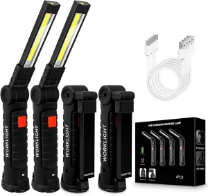 4Pack LED Work Lights, USB Rechargeable COB Light with Magnetic Base 360°Rotate and 5 Modes, Folding Flashlight Inspection Light for Car Repairing, Workshop, Household and Emergency Use, Large