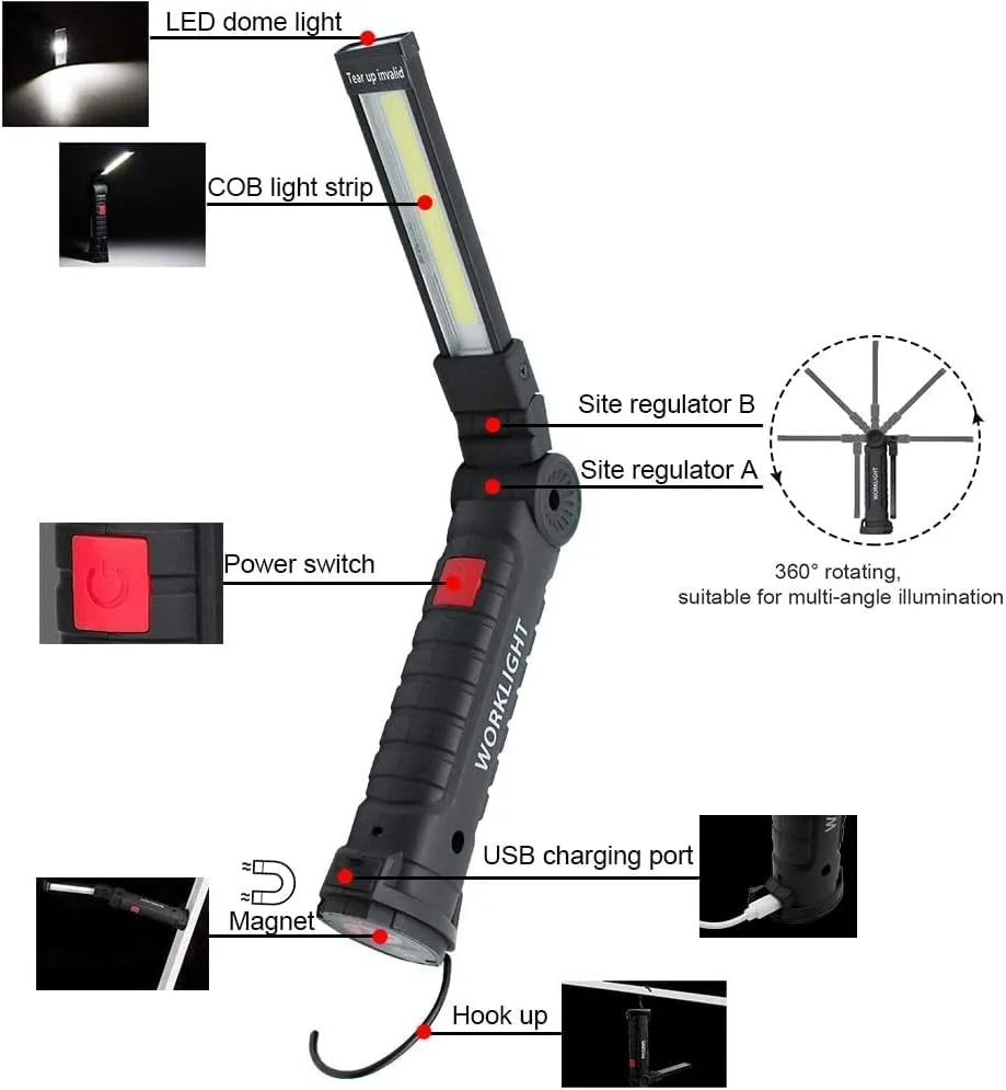 4Pack LED Work Lights, USB Rechargeable COB Light with Magnetic Base 360°Rotate and 5 Modes, Folding Flashlight Inspection Light for Car Repairing, Workshop, Household and Emergency Use, Large