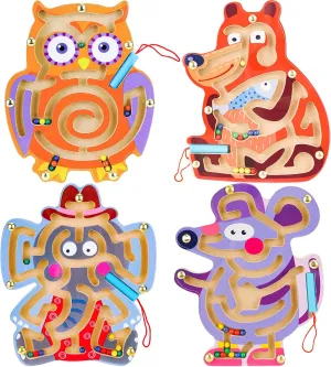 4PCS Wooden Magnetic Maze Toys for Kids 3 , 7''x8'' Animal Interactive Puzzle Game Board Montessori Labyrinth STEM Activity Child Fine Motor Skill Development Preschool Birthday Gift (4 Animals)
