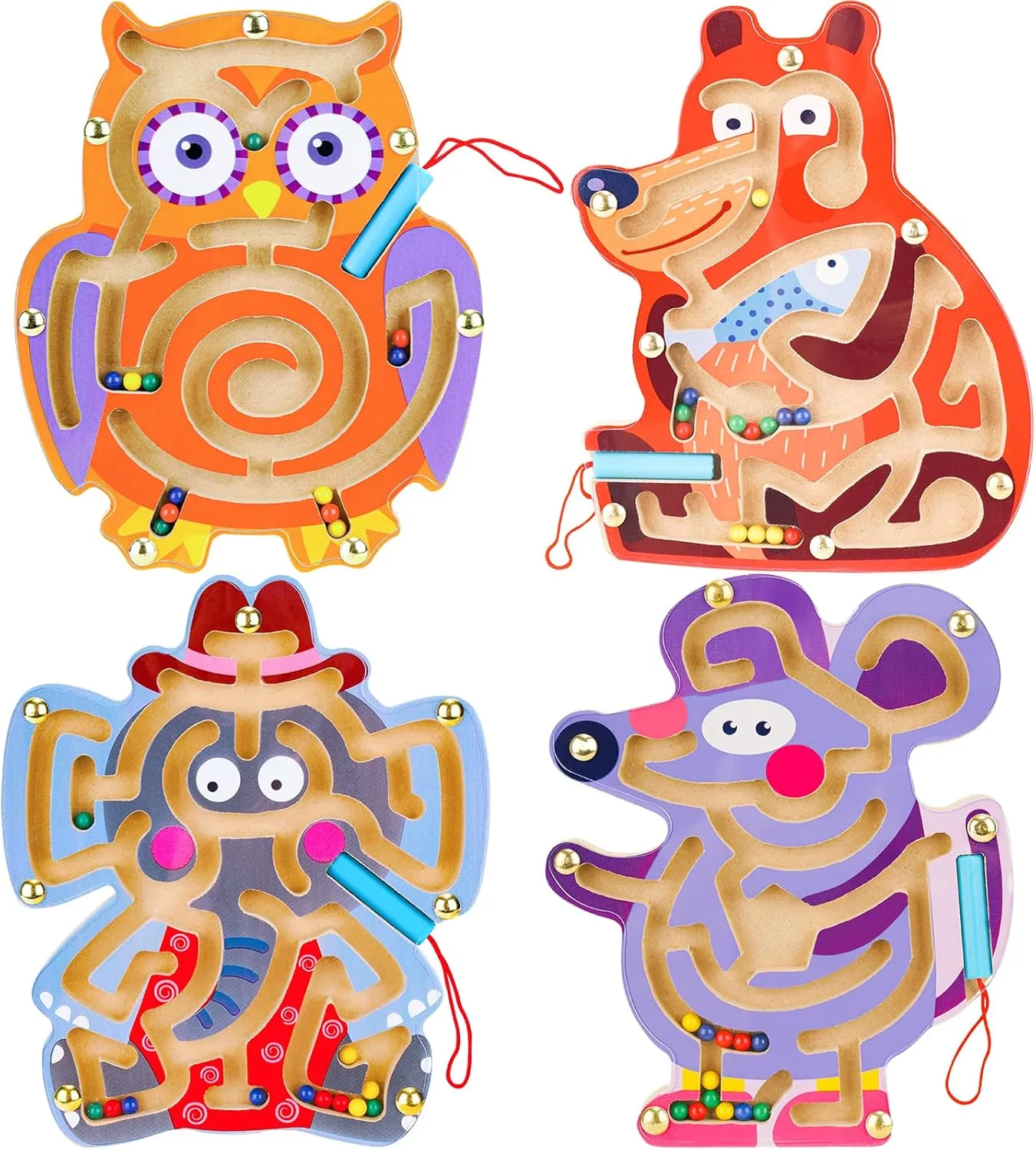 4PCS Wooden Magnetic Maze Toys for Kids 3 , 7''x8'' Animal Interactive Puzzle Game Board Montessori Labyrinth STEM Activity Child Fine Motor Skill Development Preschool Birthday Gift (4 Animals)