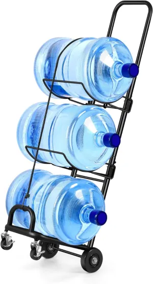 5 Gallon Water Jug Holder with Wheels 3 Tier Foldable Water Bottle Organizer Storage Rack, Water Bottle Stand with Tying Rope, Water Cooler Jug Cart for Kitchen, Pantry Room, Office, Black