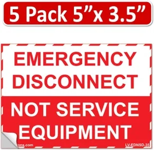 5 Pack 5"x 3.5" NEC Compliant Emergency Disconnect NOT Service Equipment Outdoor Laminated Labels Sticker Electrical Panel Danger Heavy Duty Vinyl Waterproof Ultra Durable (Style 2)