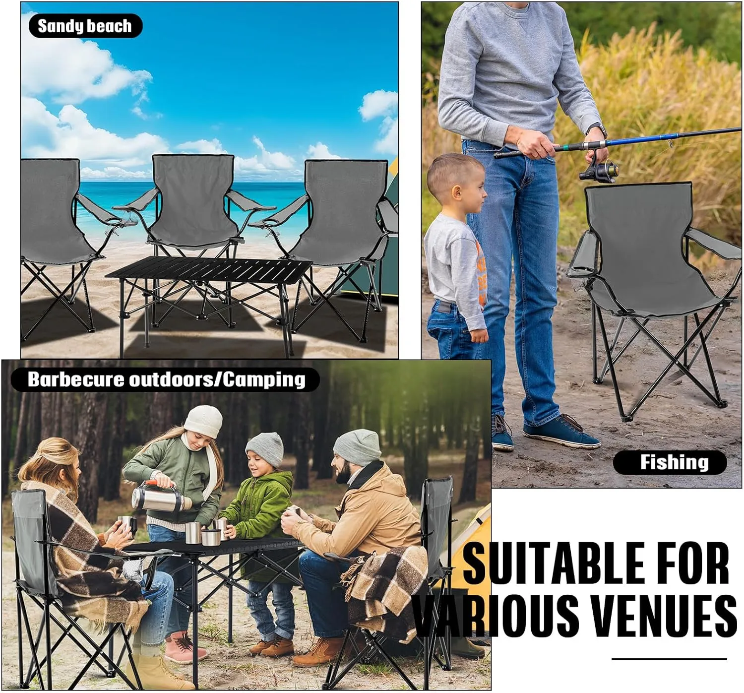 5 Pcs Summer Portable Camping Chair and Folding Camping Table Set Outdoor Oxford Fabric Folding Chair Lawn Portable Camp Table with Cup Holder Carry Bag for Travel Fishing Sport(Gray)