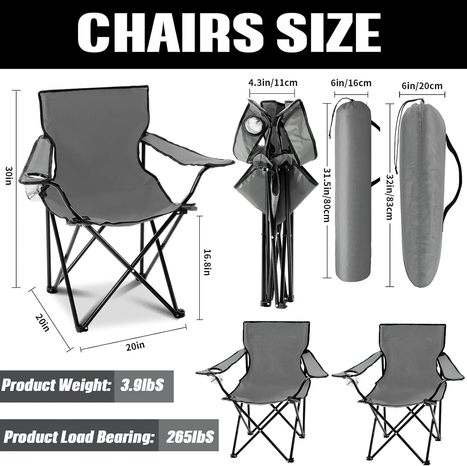5 Pcs Summer Portable Camping Chair and Folding Camping Table Set Outdoor Oxford Fabric Folding Chair Lawn Portable Camp Table with Cup Holder Carry Bag for Travel Fishing Sport(Gray)