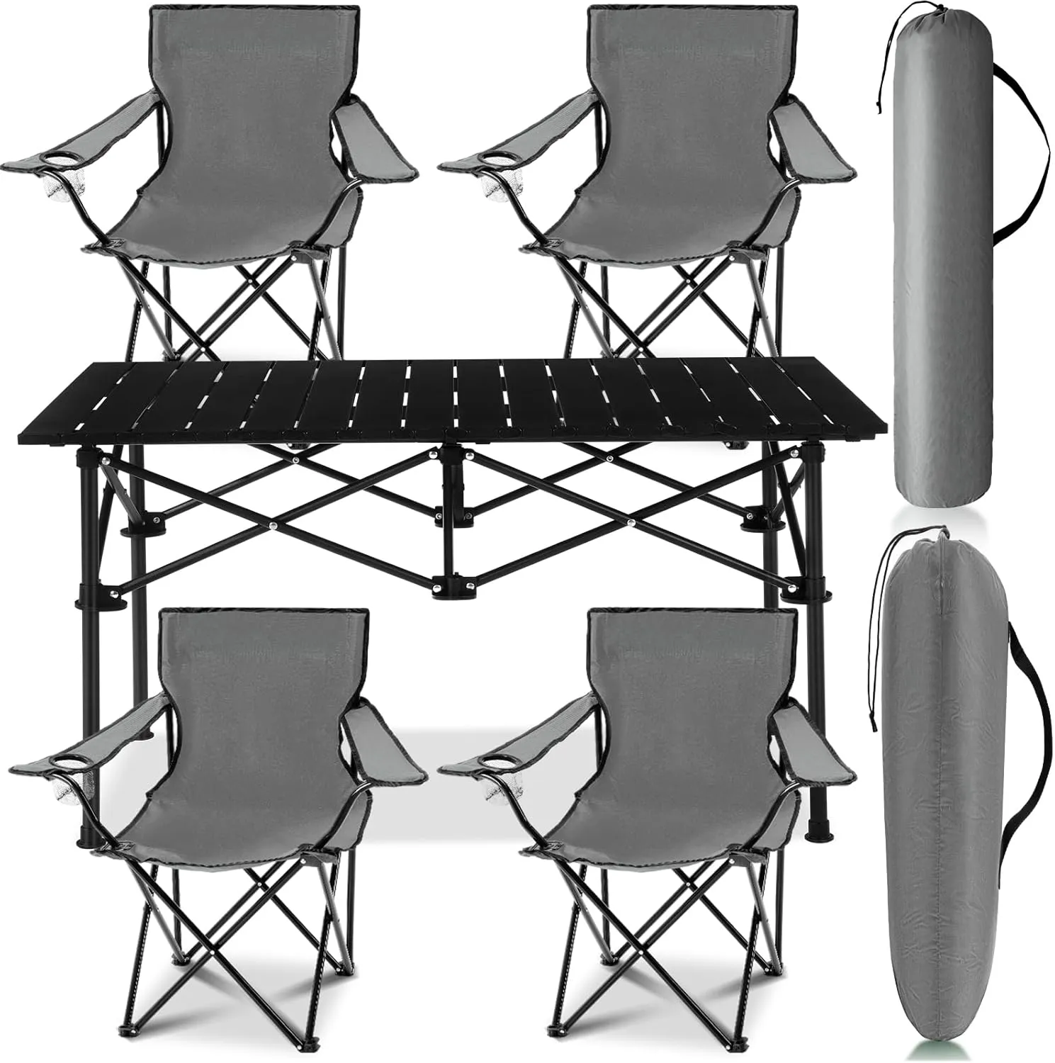 5 Pcs Summer Portable Camping Chair and Folding Camping Table Set Outdoor Oxford Fabric Folding Chair Lawn Portable Camp Table with Cup Holder Carry Bag for Travel Fishing Sport(Gray)