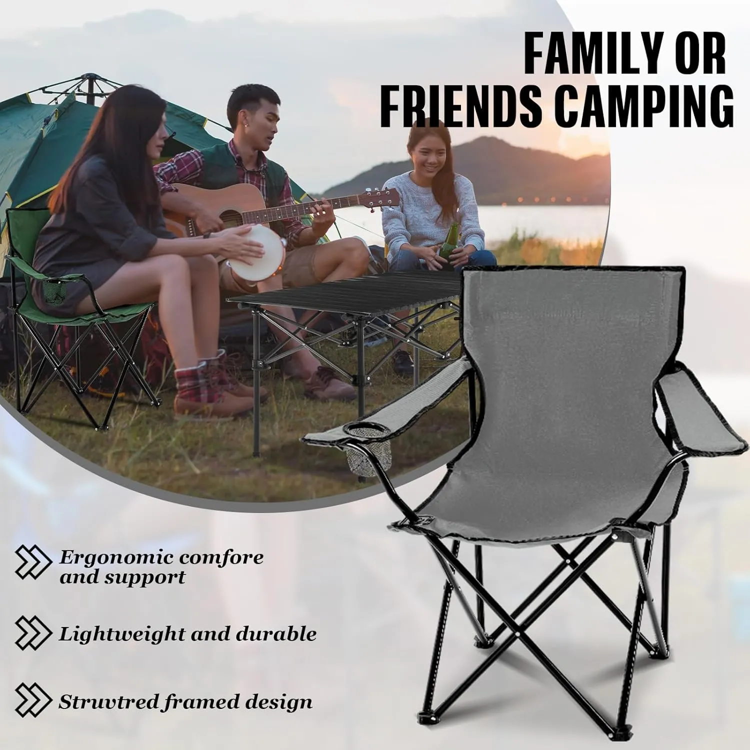 5 Pcs Summer Portable Camping Chair and Folding Camping Table Set Outdoor Oxford Fabric Folding Chair Lawn Portable Camp Table with Cup Holder Carry Bag for Travel Fishing Sport(Gray)
