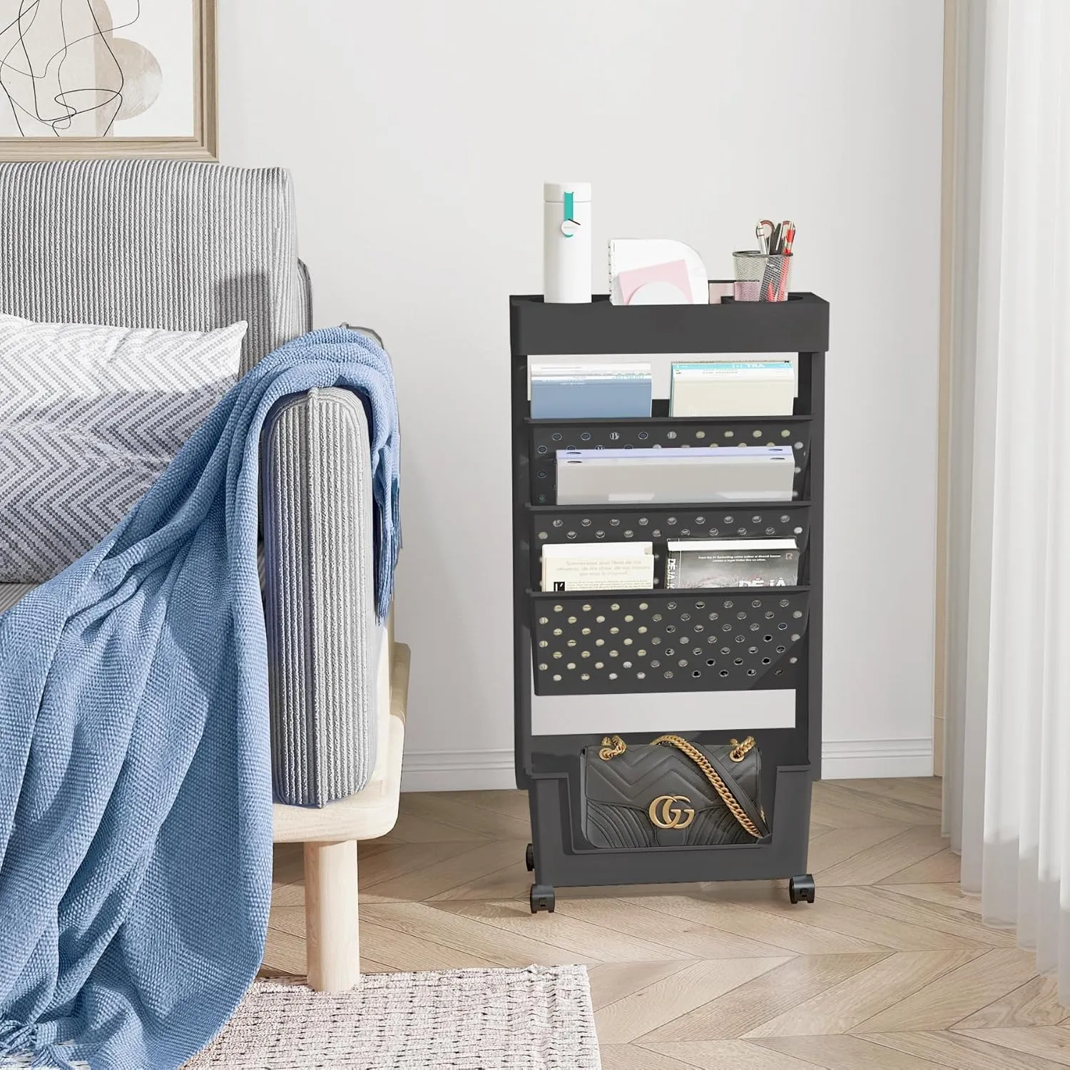 5 Tier Rolling Utility Cart Multi-Functional Movable Storage Book Shelves with Lockable Casters for Study Office Kitchen Classroom, Black
