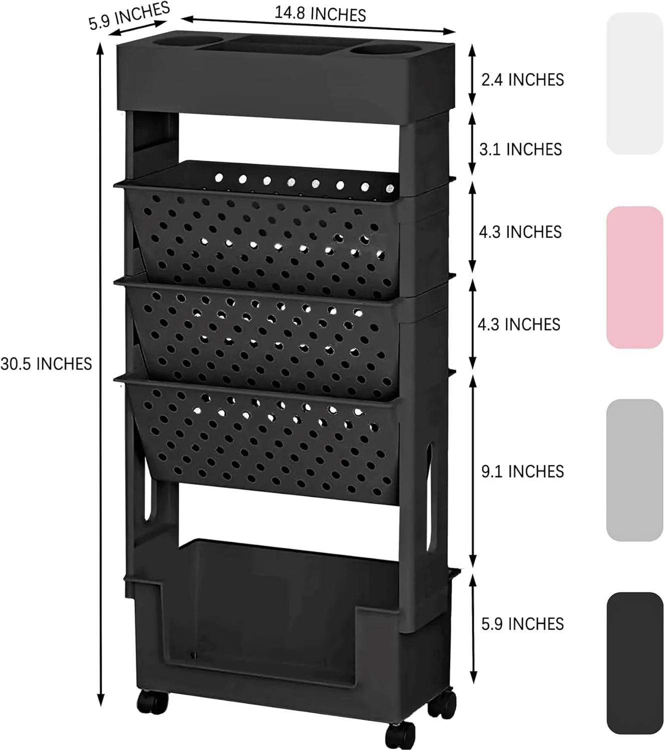5 Tier Rolling Utility Cart Multi-Functional Movable Storage Book Shelves with Lockable Casters for Study Office Kitchen Classroom, Black