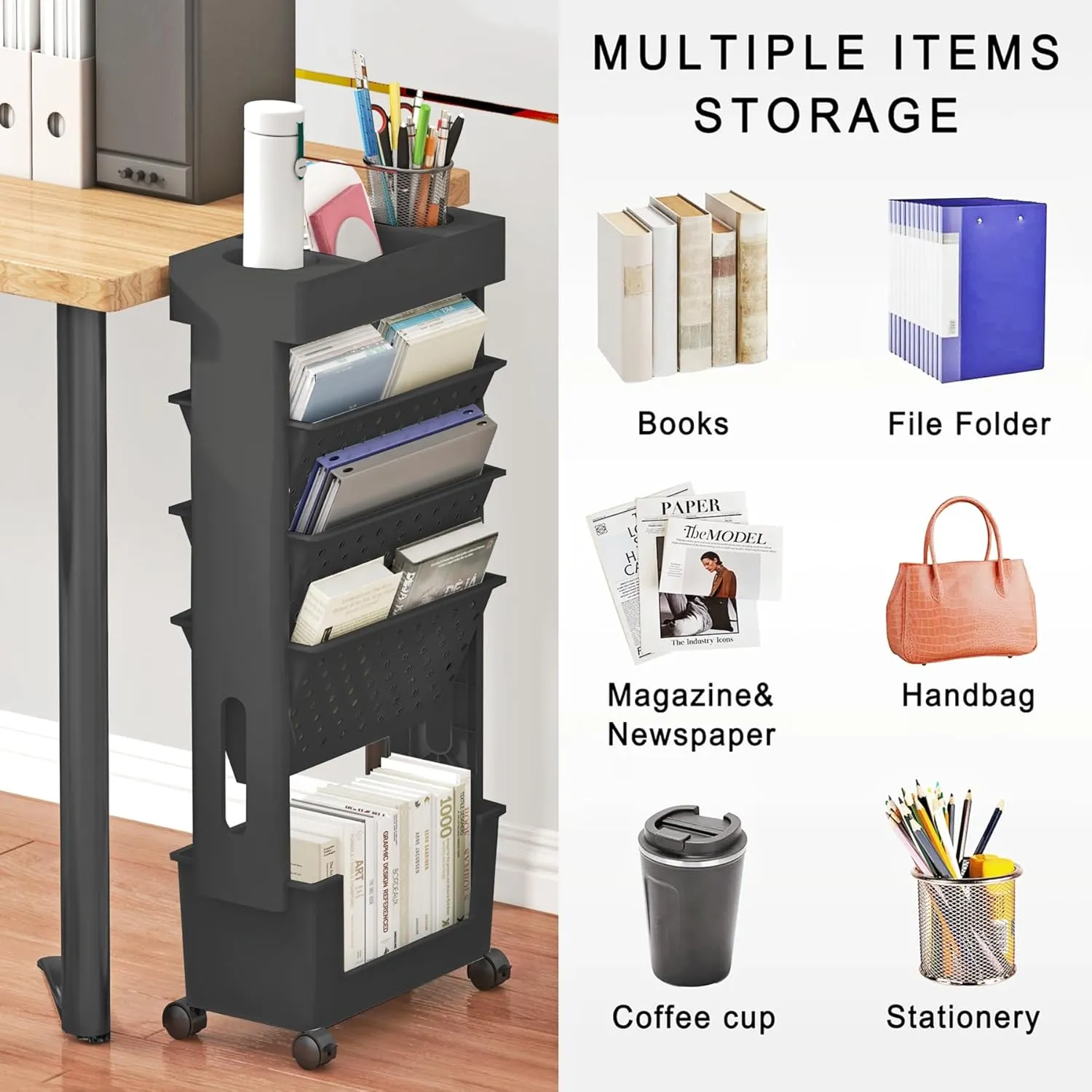 5 Tier Rolling Utility Cart Multi-Functional Movable Storage Book Shelves with Lockable Casters for Study Office Kitchen Classroom, Black