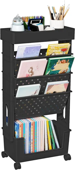 5 Tier Rolling Utility Cart Multi-Functional Movable Storage Book Shelves with Lockable Casters for Study Office Kitchen Classroom, Black