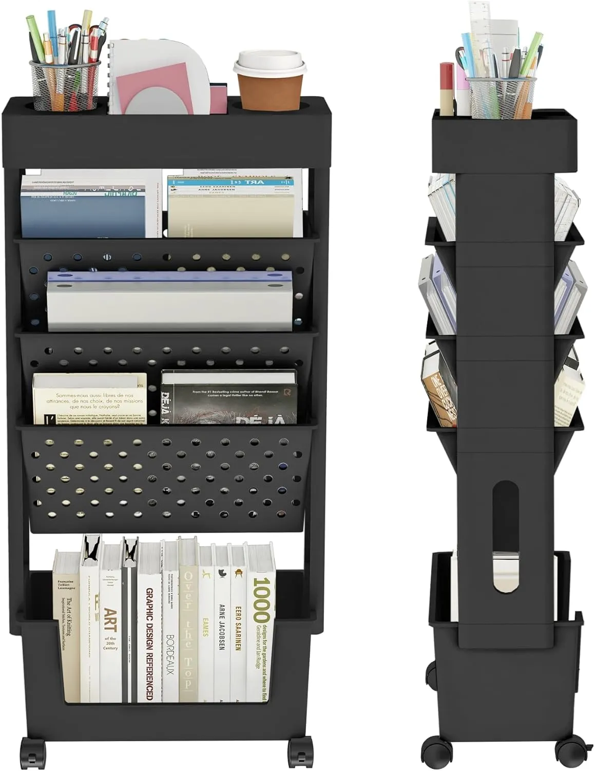 5 Tier Rolling Utility Cart Multi-Functional Movable Storage Book Shelves with Lockable Casters for Study Office Kitchen Classroom, Black