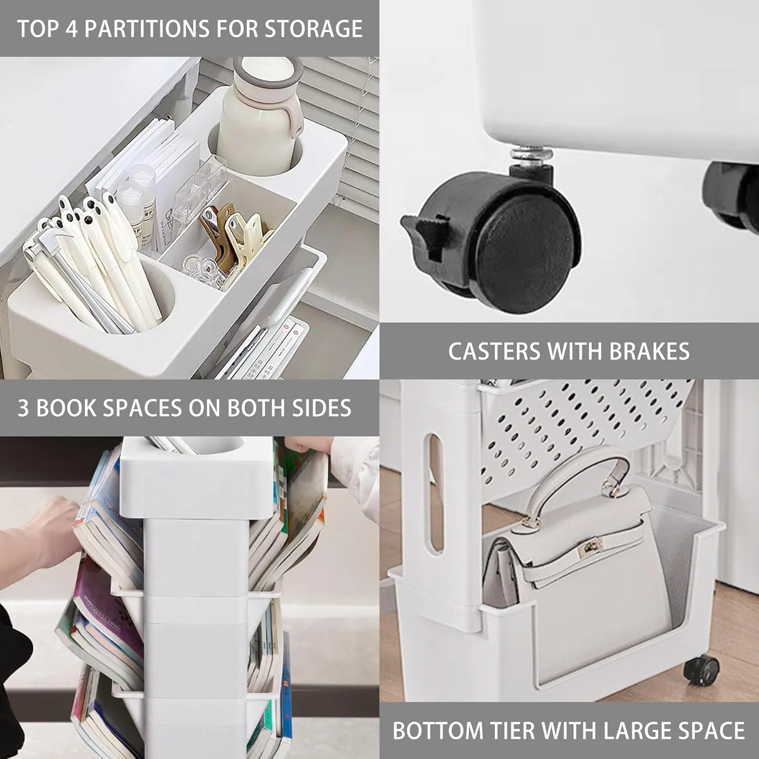 5 Tier Rolling Utility Cart Multi-Functional Movable Storage Book Shelves with Lockable Casters for Study Office Kitchen Classroom, Grey