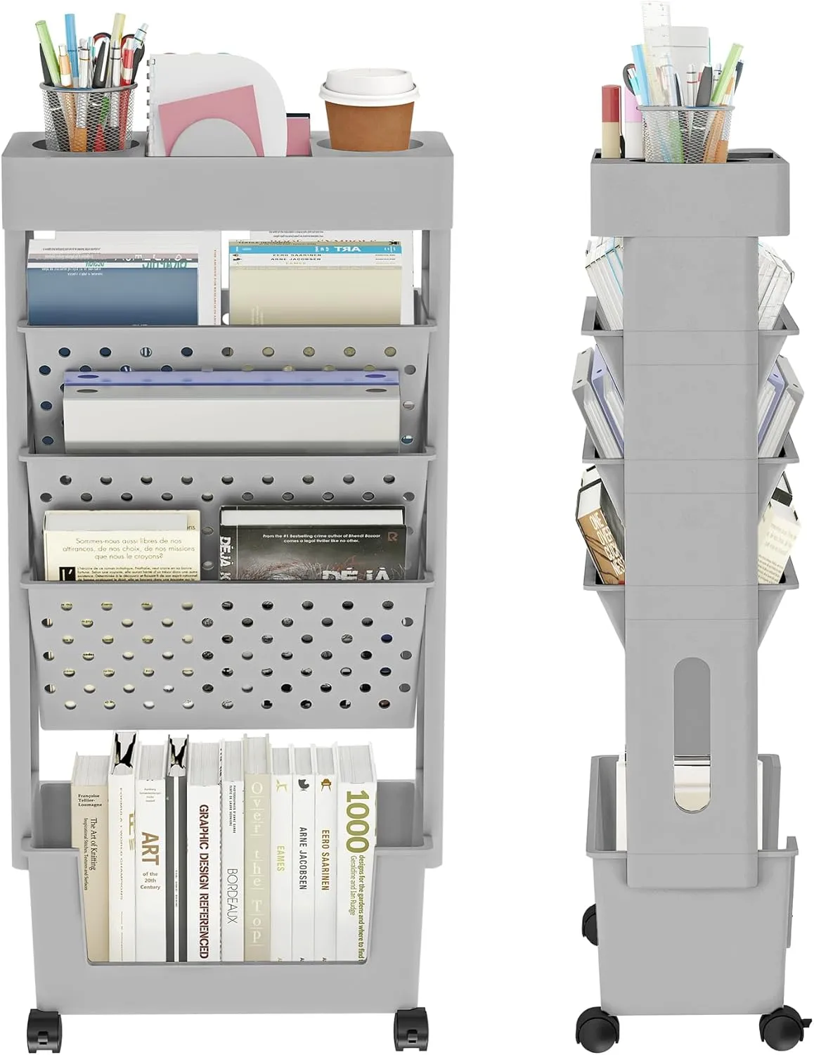 5 Tier Rolling Utility Cart Multi-Functional Movable Storage Book Shelves with Lockable Casters for Study Office Kitchen Classroom, Grey