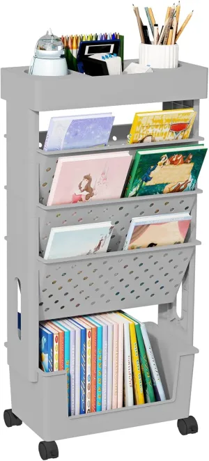 5 Tier Rolling Utility Cart Multi-Functional Movable Storage Book Shelves with Lockable Casters for Study Office Kitchen Classroom, Grey