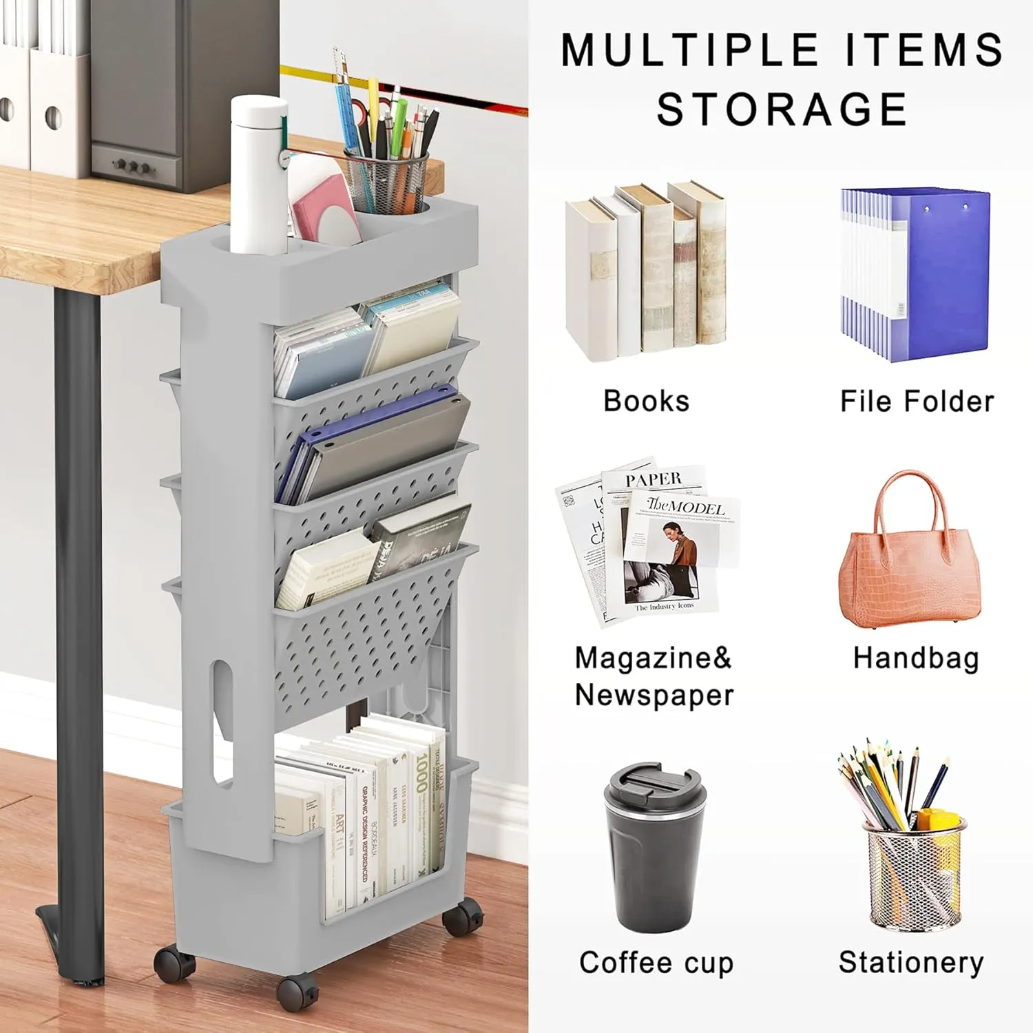 5 Tier Rolling Utility Cart Multi-Functional Movable Storage Book Shelves with Lockable Casters for Study Office Kitchen Classroom, Grey