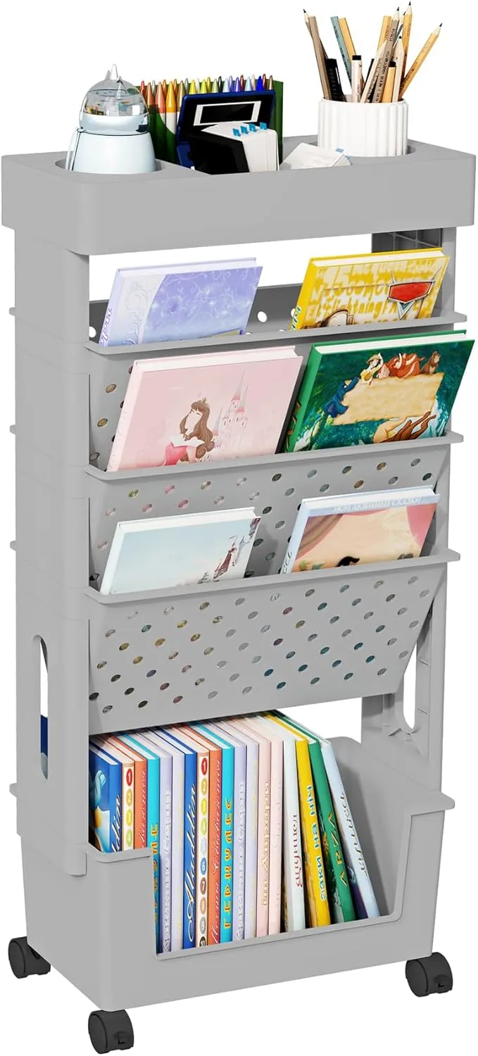 5 Tier Rolling Utility Cart Multi-Functional Movable Storage Book Shelves with Lockable Casters for Study Office Kitchen Classroom, Grey